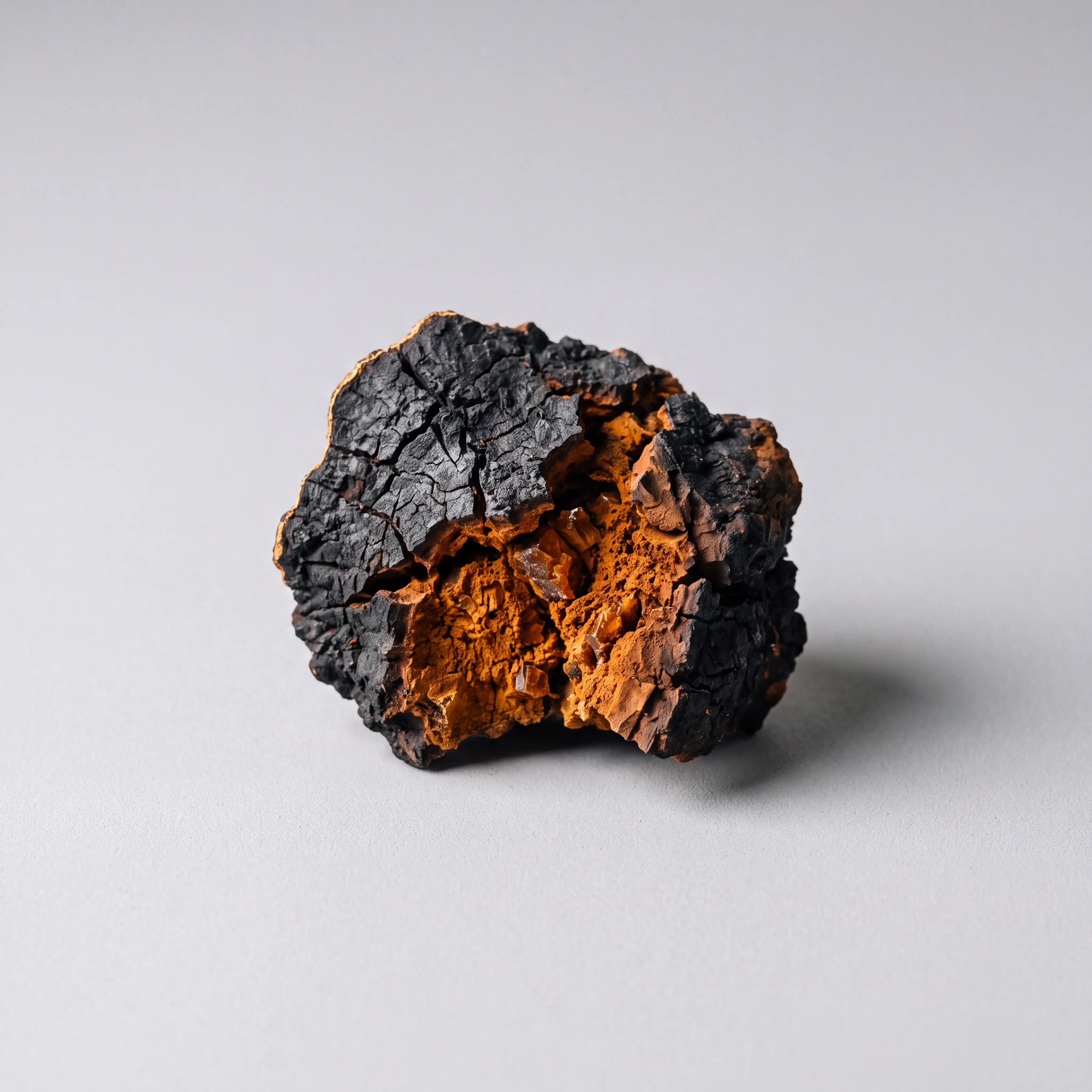 Chaga mushroom cracked open to its amber interior, on dove-grey